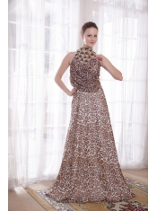 Sexy Empire High-neck Brush Train Leopard Beading Prom Dress