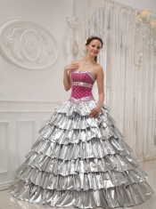 Silver and Fuchisa A-line / Princess Strapless Floor-length Taffeta Beading Quinceanera Dress