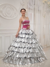 Silver and Fuchisa A-line / Princess Strapless Floor-length Taffeta Beading Quinceanera Dress