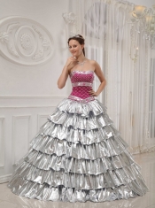 Silver and Fuchisa A-line / Princess Strapless Floor-length Taffeta Beading Quinceanera Dress
