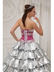 Silver and Fuchisa A-line / Princess Strapless Floor-length Taffeta Beading Quinceanera Dress