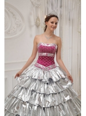 Silver and Fuchisa A-line / Princess Strapless Floor-length Taffeta Beading Quinceanera Dress