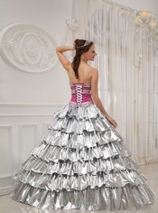 Silver and Fuchisa A-line / Princess Strapless Floor-length Taffeta Beading Quinceanera Dress