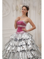 Silver and Fuchisa A-line / Princess Strapless Floor-length Taffeta Beading Quinceanera Dress