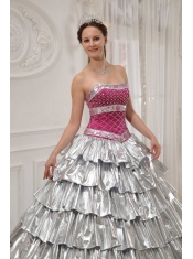 Silver and Fuchisa A-line / Princess Strapless Floor-length Taffeta Beading Quinceanera Dress