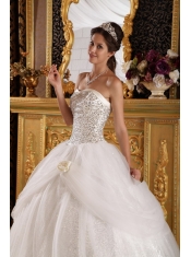 White Ball Gown Sweetheart Floor-length Organza   and Sequined Quinceanera Dress