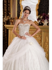 White Ball Gown Sweetheart Floor-length Organza   and Sequined Quinceanera Dress