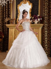 White Ball Gown Sweetheart Floor-length Organza   and Sequined Quinceanera Dress