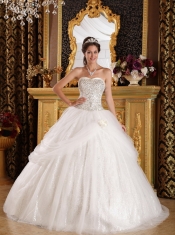 White Ball Gown Sweetheart Floor-length Organza and Sequined Quinceanera Dress