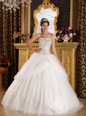 White Ball Gown Sweetheart Floor-length Organza   and Sequined Quinceanera Dress