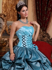 Sky Blue and Black Detail Strapless Taffeta Hand made Flower Ball Gown Quinceanera Dress