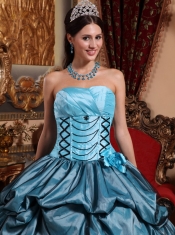 Sky Blue and Black Detail Strapless Taffeta Hand made Flower Ball Gown Quinceanera Dress