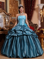 Sky Blue and Black Detail Strapless Taffeta Hand made Flower Ball Gown Quinceanera Dress