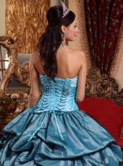 Sky Blue and Black Detail Strapless Taffeta Hand made Flower Ball Gown Quinceanera Dress