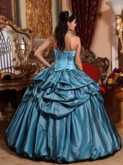 Sky Blue and Black Detail Strapless Taffeta Hand made Flower Ball Gown Quinceanera Dress