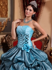 Sky Blue and Black Detail Strapless Taffeta Hand made Flower Ball Gown Quinceanera Dress