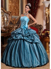 Sky Blue and Black Detail Strapless Taffeta Hand made Flower Ball Gown Quinceanera Dress