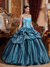 Sky Blue and Black Detail Strapless Taffeta Hand made Flower Ball Gown Quinceanera Dress