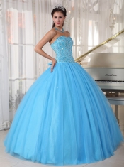 Sky Blue Ball Gown Sweetheart Floor-length Tulle Beading Quinceanera Dress