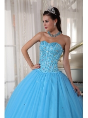 Sky Blue Ball Gown Sweetheart Floor-length Tulle Beading Quinceanera Dress