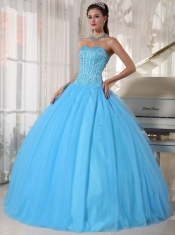 Sky Blue Ball Gown Sweetheart Floor-length Tulle Beading Quinceanera Dress