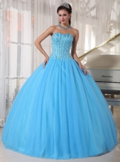 Sky Blue Ball Gown Sweetheart Floor-length Tulle Beading Quinceanera Dress