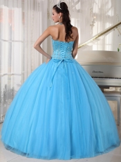 Sky Blue Ball Gown Sweetheart Floor-length Tulle Beading Quinceanera Dress