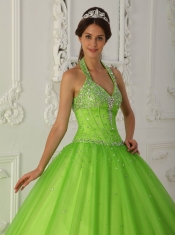 Spring Green A-line Halter Floor-length Tulle Beading Quinceanera Dress