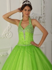 Spring Green A-line Halter Floor-length Tulle Beading Quinceanera Dress