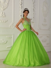 Spring Green A-line Halter Floor-length Tulle Beading Quinceanera Dress