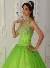 Spring Green A-line Halter Floor-length Tulle Beading Quinceanera Dress