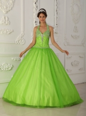 Spring Green A-line Halter Floor-length Tulle Beading Quinceanera Dress