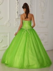 Spring Green A-line Halter Floor-length Tulle Beading Quinceanera Dress