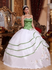 Spring Green and White  Ball Gown Strapless Floor-length Embroidery Organza Quinceanera Dress