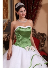 Spring Green and White  Ball Gown Strapless Floor-length Embroidery Organza Quinceanera Dress