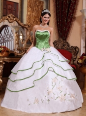 Spring Green and White Ball Gown Strapless Floor-length Embroidery Organza Quinceanera Dress