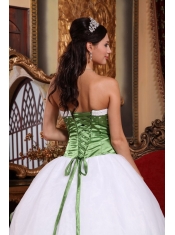 Spring Green and White  Ball Gown Strapless Floor-length Embroidery Organza Quinceanera Dress
