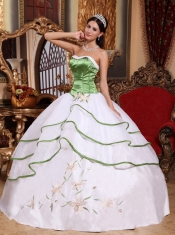 Spring Green and White  Ball Gown Strapless Floor-length Embroidery Organza Quinceanera Dress