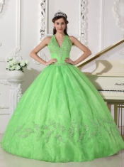 Spring Green Ball Gown Halter Floor-length Taffeta and Organza Appliques Quinceanera Dress