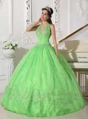 Spring Green Ball Gown Halter Floor-length Taffeta and Organza Appliques Quinceanera Dress