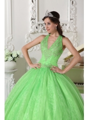 Spring Green Ball Gown Halter Floor-length Taffeta and Organza Appliques Quinceanera Dress