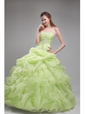 Spring Green Ball Gown Strapless Floor-length Orangza Beading and Ruffles Quinceanera Dress