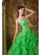 Spring Green Ball Gown Strapless Floor-length Organza Beading Quinceanera Dress