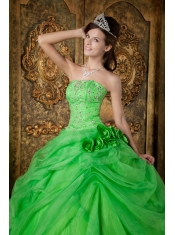 Spring Green Ball Gown Strapless Floor-length Organza Beading Quinceanera Dress