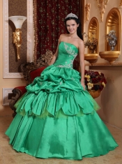 Spring Green Ball Gown Strapless Floor-length Taffeta Appliques Quinceanera Dress