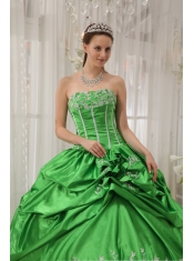 Spring Green Ball Gown Strapless Floor-length Taffeta Beading and Applique Quinceanera Dress