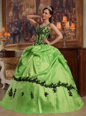 Spring Green Ball Gown Straps Floor-length Appliques Taffeta Quinceanera Dress