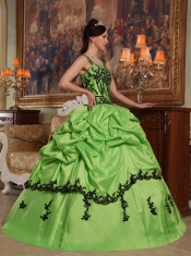 Spring Green Ball Gown Straps Floor-length Appliques Taffeta Quinceanera Dress