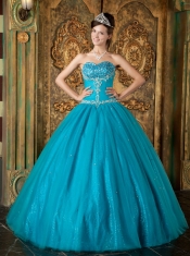 Teal A-Line / Princess Sweetheart Floor-length Beading Tulle Quinceanera Dress