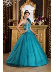 Teal A-Line/Princess One Shoulder Floor-length Tulle Beading Quinceanera Dress